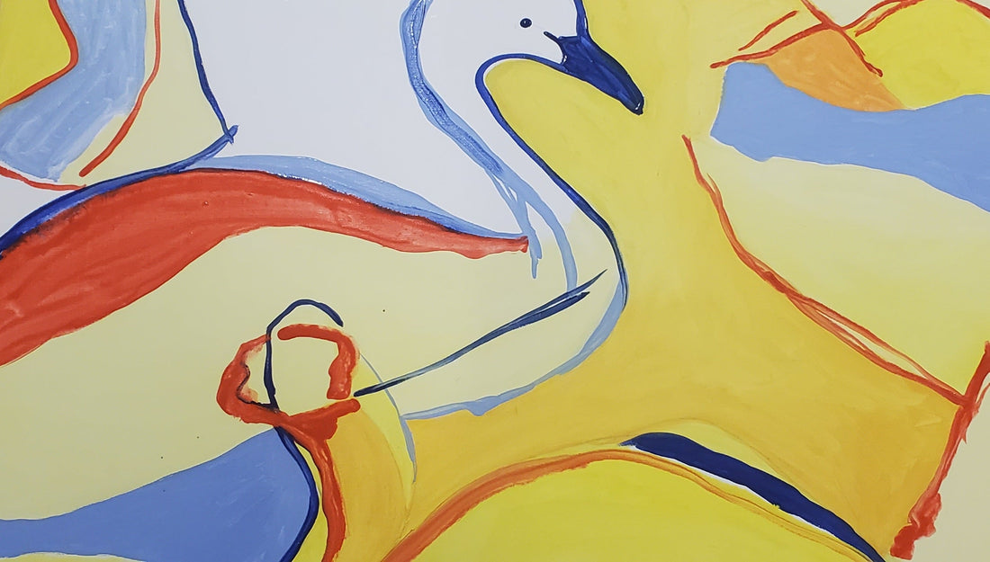 Abstract swan painting with bold red, yellow, and blue brushstrokes.