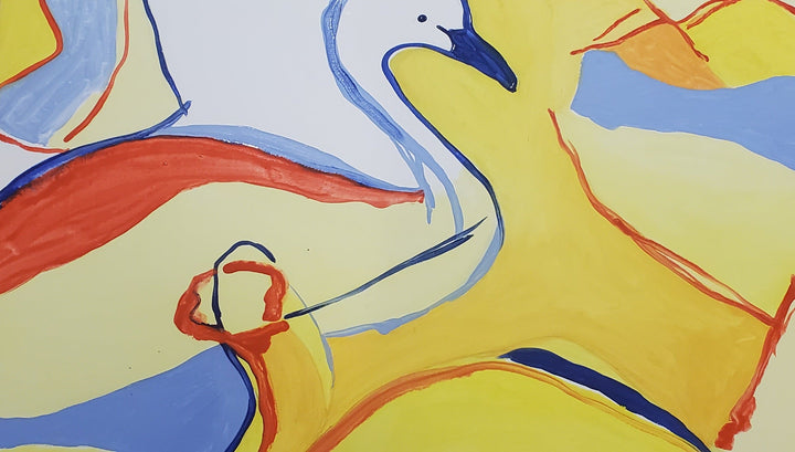 Abstract swan painting with bold red, yellow, and blue brushstrokes.