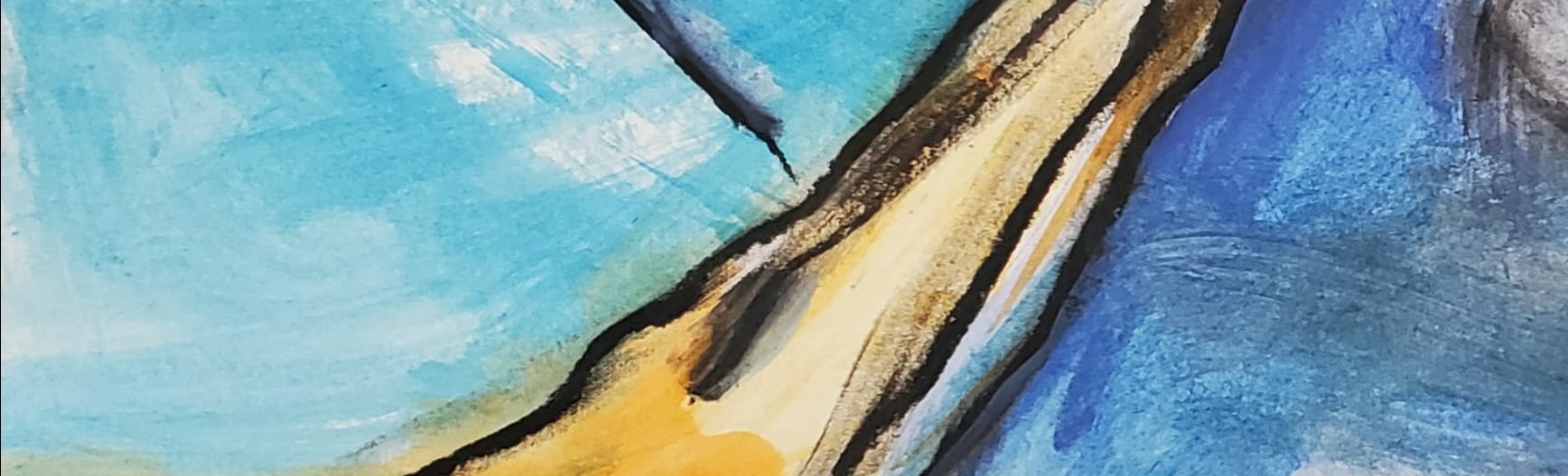 Abstract art with blue, yellow, and black flowing lines.